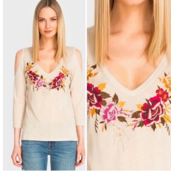 Johnny Was Embroidered V-Neck Cold Shoulder Silk & Cashmere Sweater Sandstone S - Picture 1 of 11